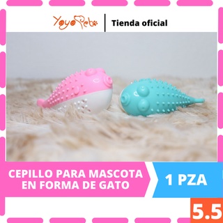 Juguete para gato tipo EVA con cascabel en forma de pez globo color turquesa y rosa en caja individual tamaño 13*6cm