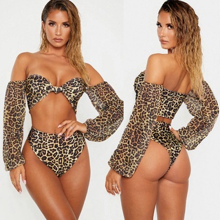 bikini de mujer sexy cintura alta estampado leopardo manga traje de baño