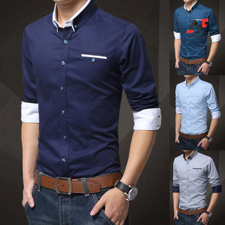Am hombres de negocios Color sólido manga larga bloque de Color puño delgado botones abajo camisa (1)