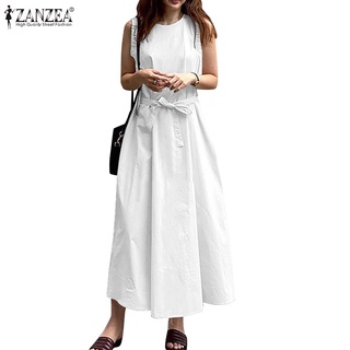 ZANZEA Women Fashion Cotton O Neck Sleeveless Casual Solid Color Maxi Dress