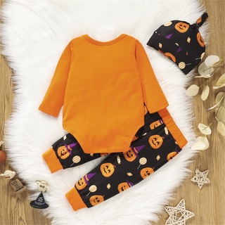[*dos Veces*-] bebé bebé niños niñas Halloween calabaza impresión mameluco Tops+pantalones+gorro conjunto (4)