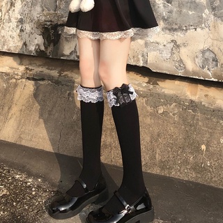 WIT Women Girls Sweet Lolita Black White Knee High Socks Bowknot Ruffled Frilly Lace Trim Japanese Student Cotton Stockings (9)