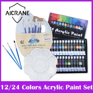 AICRANE Juego de pintura acrílica con pincel, 12/24 colores, 12ml, para telas, pigmentos para ropa, suministros de arte, pintura artística profesional
