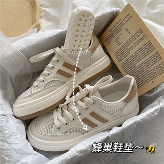insStreet tiro de cuero blanco zapatos de las mujeres de malla transpirable versátil estudiante Casual zapatillas de deporte de estilo coreano Vintage Skateboard zapatos de moda
