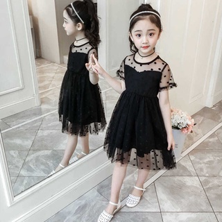 Niña negro vestido2020niños mediano y grande ropa de los niños de verano Super moda niñas punto de malla falda (1)