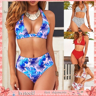 Byz_leaves flor Dots Halter vendaje Bikini conjunto de dos piezas mujeres cintura alta traje de baño