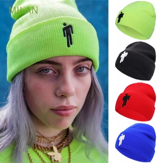 MILAN Billie Eilish caliente gorra de invierno Casual para mujeres y hombres bordado Beanie sombrero Bonnet Hip-hop Color sólido Unisex puños (1)