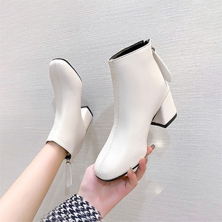 Las Mujeres De Tacón Botas De Tobillo Grueso Blanco Corto Cuero Mujer Zapatos Otoño Invierno 2021 Moda Botines