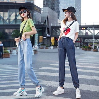 2021 nuevo coreano jeans verano suelto cintura alta casual corsé harén pantalones