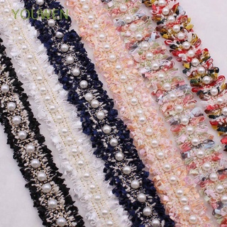 YOUWEN 1 yard Vintage Lace Trim Gold Pearl Beaded Fabric Nylon Costume Dress DIY Craft Embroidered Handmade Sewing Supplies Ribbon