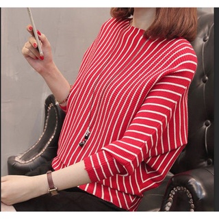 las mujeres de punto delgado casual o-cuello de la raya de manga larga tops blusa suéter (3)