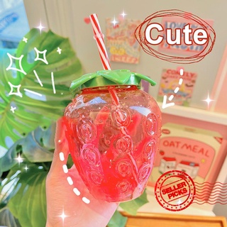fresas taza de paja taza de plástico encantadora niña leche agua verano botella de agua con taza f9e2