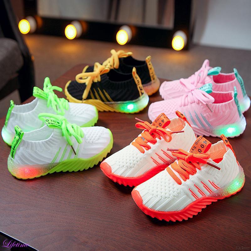 Baby Boys Girls Breathable Anti-Slip Striped Shoes LED Soft Soled Sneakers New kasut kanak