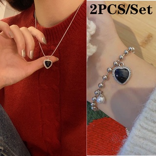 2 unids/Set Ins negro en forma de corazón colgante collar pulsera para las mujeres Retro Simple clavícula cadena collar joyería conjunto