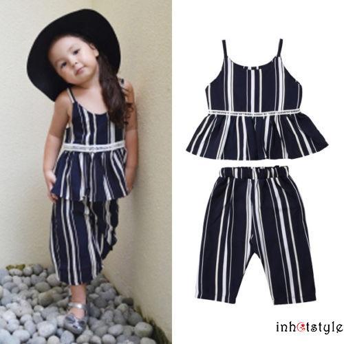 TY Kids Baby Girl rayas Sling Tops+pantalones Casual traje conjunto (1)
