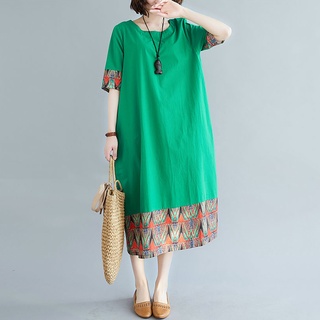 Más el tamaño suelto de la mitad de la longitud del vestido de las mujeres de verano estilo étnico contraste de color costuras impreso vestido de manga corta