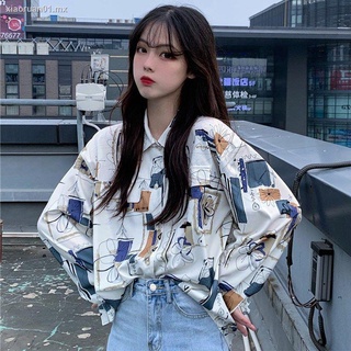 ❀Ins super fire camisa de impresión creativa otoño mujer coreana retro estilo universitario suelta y delgada camisa de manga larga estudiante (1)
