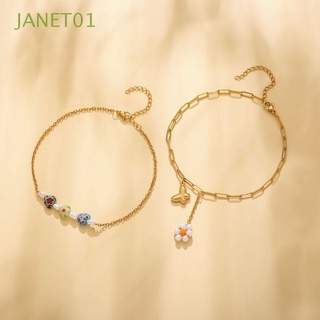 JANET01 Korean Female Ankle Chain Adjustable Pearl Bracelet Titanium Steel Anklet Heart Flower Charm Cool Double Layer Jewelry Gift Butterfly/Multicolor