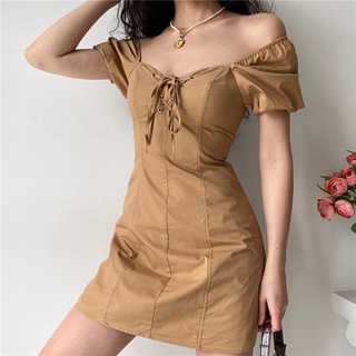 2021 Summer New French Retro Square Collar Lace-up Puff Sleeve Khaki Dress Slim Fit Sexy A-Word Skirt (3)
