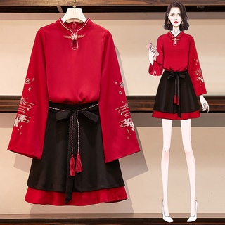 Ropa de mujer de gran tamaño mejorado Hanfu otoño nuevo traje de moda nacional de las mujeres que cubre el vientre delgado vestido de dos piezas de las mujeres
