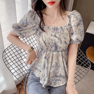 2021 nuevo verano plisado blusa mujeres Slim impreso Puff manga coreana camisa mujeres casual cuello cuadrado tops