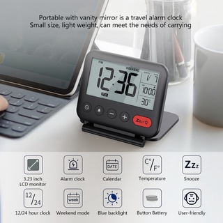 un reloj despertador digital con retroiluminación plegable plegable lcd pantalla reloj con calendario temperatura snooze 12/24h y espejo