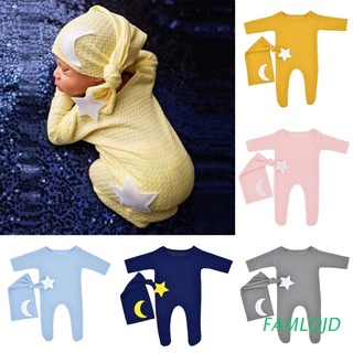 famlojd 2 piezas de fotografía recién nacido props ropa bebé mameluco de cola larga nudo sombrero conjunto de punto mono gorro kit para bebés