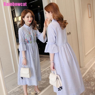 <Rainbowcat> Pregnant Women Dress Long Sleeve Casual Striped Embroidered Maternity Top Dress (2)