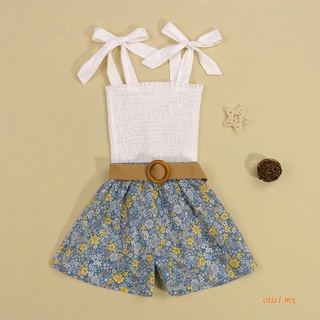 rw conjunto de ropa para niñas, color sólido sin mangas con cordones y estampado floral
