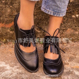 Nuevo cuero suave tacón grueso flecos estilo británico dedo del pie redondo zapatos planos