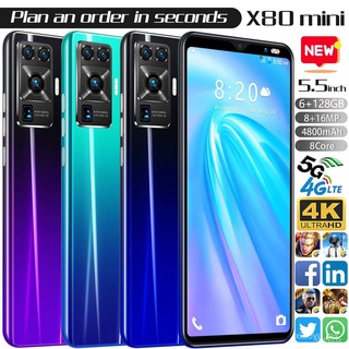 Ready StockCelular 2021 Novo Modelo Smartphone X80 Mini 5.5 Polegada 6 + 128gb 8core Android Celular Hd Grande Abertura C Mera4G