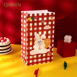 QINREN 6Pcs|Bolsa de galletas y dulces coreano Lindo dibujo animado Bolsa de papel Mini Bolsa con pegatinas Cuadros de color Soportar Envasado de bocadillos Embalaje de regalo