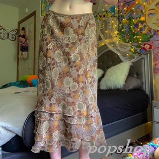 Pop mujer Casual multicapa falda larga Vintage impresión costura cintura alta una línea de faldas