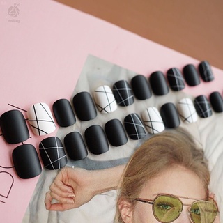 Pegatinas de uñas postizas brillantes blanco y negro pegatinas de uñas acabadas 24 pegatinas de uñas con pegamento (5)