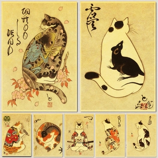 Pósters retro De Gato samurai Vintage Japonés Papel De Pared kraft Pintura De Alta Calidad Para Hom (1)