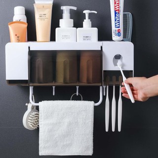 ➣ () Estante de herramientas de baño a prueba de polvo, soporte para cepillo de dientes, dispensador de pasta de dientes, estante de baño ♡