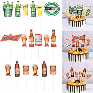 INSUNSHINE 6 piezas / set Tapa de pastel de cerveza Verde Hornear DIY Bandera de pastel Fiesta Rojo Decoración de bodas Feliz cumpleaños a ti. Cupcake cover/Multicolor
