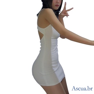 Asu-mujer Sexy vestido ajustado, blanco Color sólido cuello en forma de U (4)