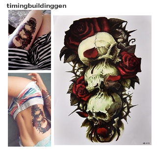 timingbuildinggen tatuaje temporal impermeable del cráneo y la rosa del brazo grande del arte del cuerpo tatuajes pegatina, tbg