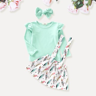 Kids Children Girl Clothes Set Cotton Long Sleeve Romper + Feather Print Suspender Skirt + Headband Autumn 3PCS Outfit (1)