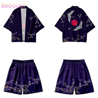 Verano de dos piezas traje de grúa Cardigan mujeres hombres Cosplay Yukata ropa Harajuku tradición Kimono + pantalones cortos conjuntos Haori