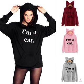 Autumn Winter Women Hooded Hoodies Long Sleeve Letters Printing Sweatshirt With Cat Ears Hat Lady Girls Casual Pullover