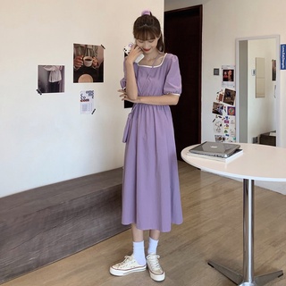 Summer 2021 new Korean style temperament square collar mid-length French skirt with waist and thin short-sleeved dress women