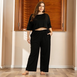 Xl-4xl mujeres de gran tamaño ropa de casa 2 piezas cuello redondo manga corta más el tamaño de pijamas conjunto de desgaste negro 2689-1