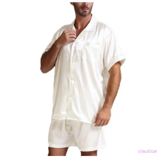 ♔Zp✲Los hombres de verano pijamas conjunto, Color sólido de manga corta botón Top+pantalones cortos ropa de dormir traje