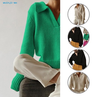 wuinji Autumn Winter Knitted Sweater V Neck Long Sleeve Knitted Pullover Lapel for Daily Wear