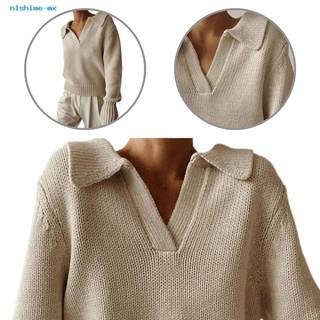 nlshime Autumn Winter Autumn Sweater Solid Color V Neck Sweater Knitted for Daily Wear