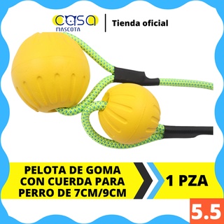 Juguete para perro en forma de pelota de goma material eva con cuerda color amarillo tamaño 7cm y 9cm y cuerda de 42cm