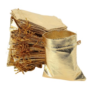 100 piezas de papel de oro de Organza bolsa de caramelo bolsas de navidad decoración de boda fiesta Favor bolsa de embalaje bolsas de cordón bolsa 9x12Cm (1)