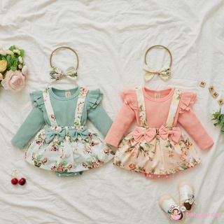Babygarden-baby Girl Summer Outfit, Floral empalme O-cuello manga larga tirantes pelele + diadema para 0-24 meses